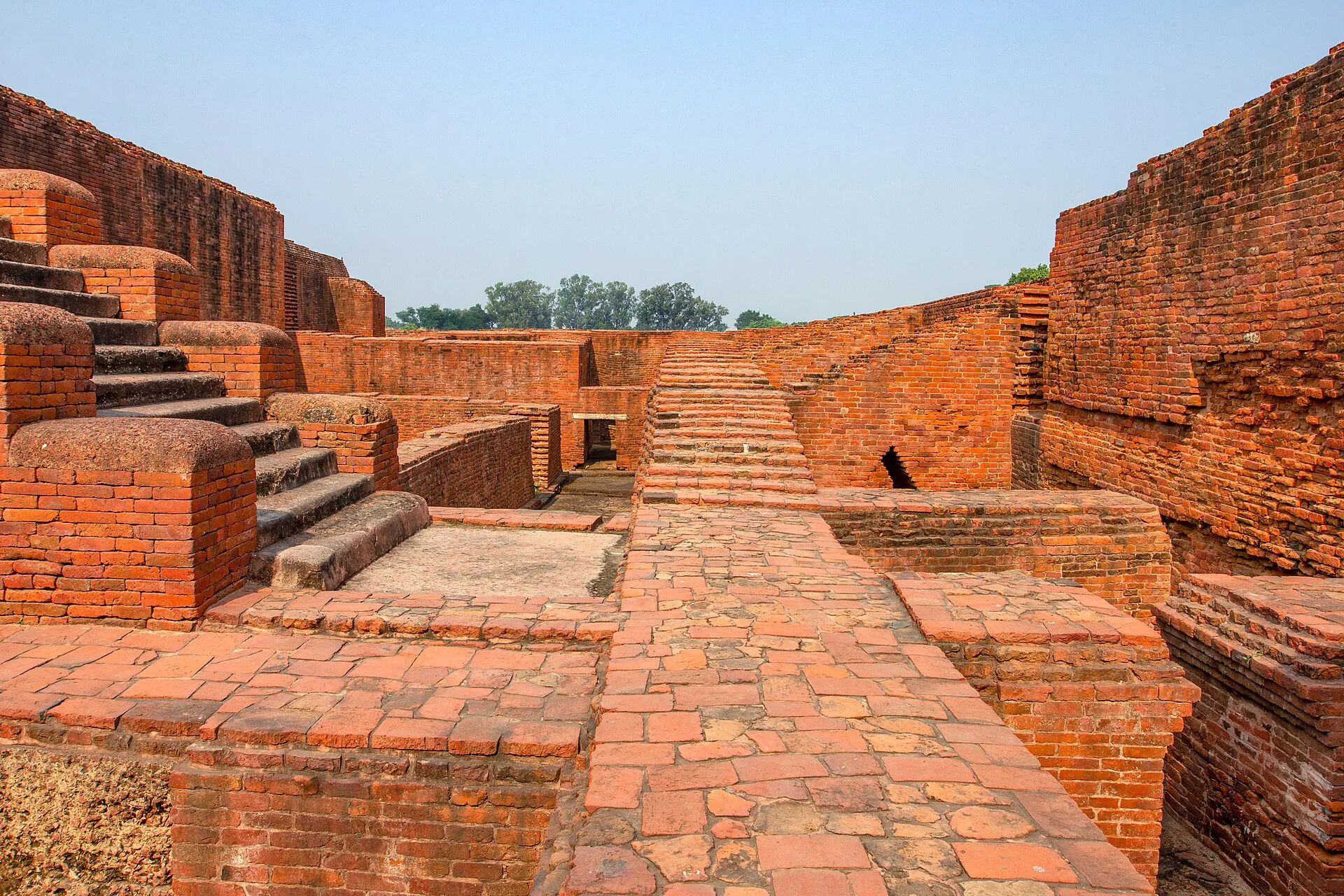 Red brick stairs, walls and passages in the excavated remains of Nalanda Mahavihara.